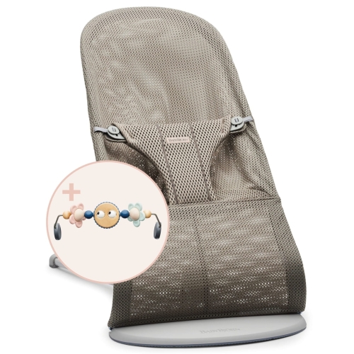 BABYBJORN - leżaczek BLISS MESH - Szarobeżowy + Zabawka Googly Eyes Pastels