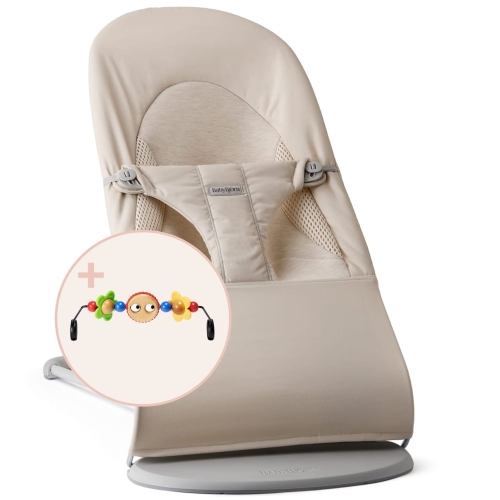 BABYBJORN - leżaczek BALANCE SOFT WOVEN/JERSEY Tri Fabric, Jasny Beż + zabawka do leżaczka - Googly Eyes