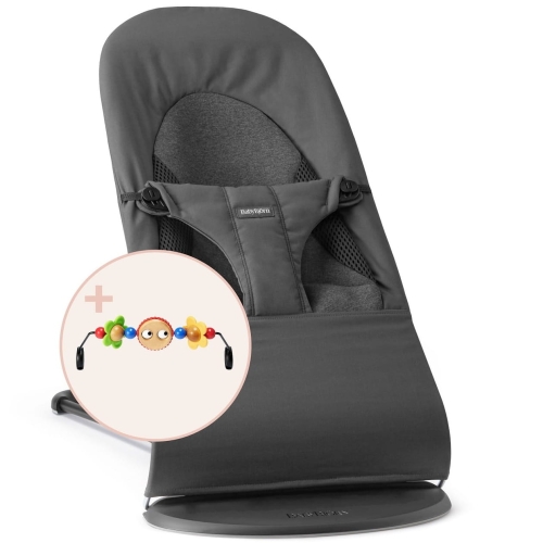 BABYBJORN - leżaczek BALANCE SOFT WOVEN/JERSEY Tri Fabric, Ciemny Szary + zabawka do leżaczka - Googly Eyes